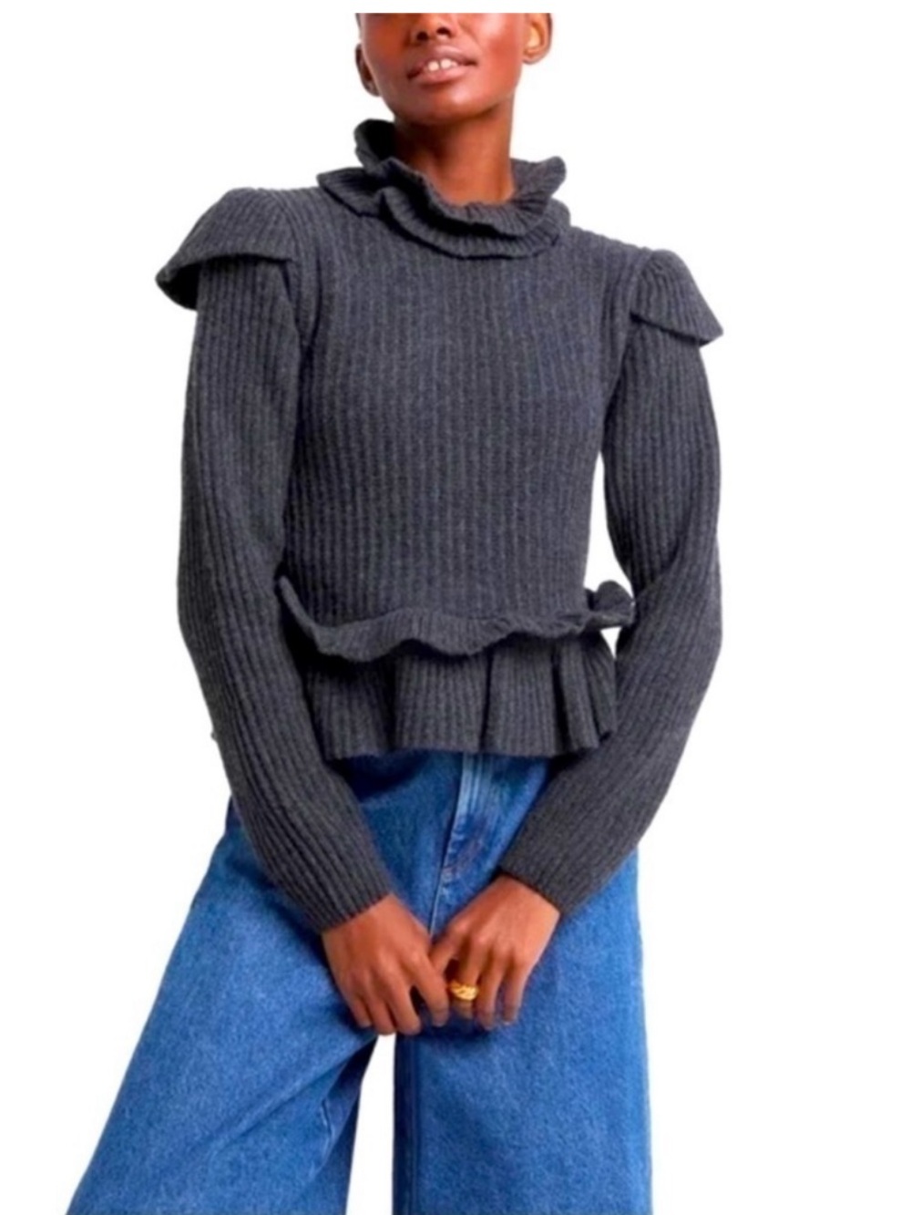 GANNI Rib Ruffle Trim Turtleneck Sweater Gray Wool Open Back Medium